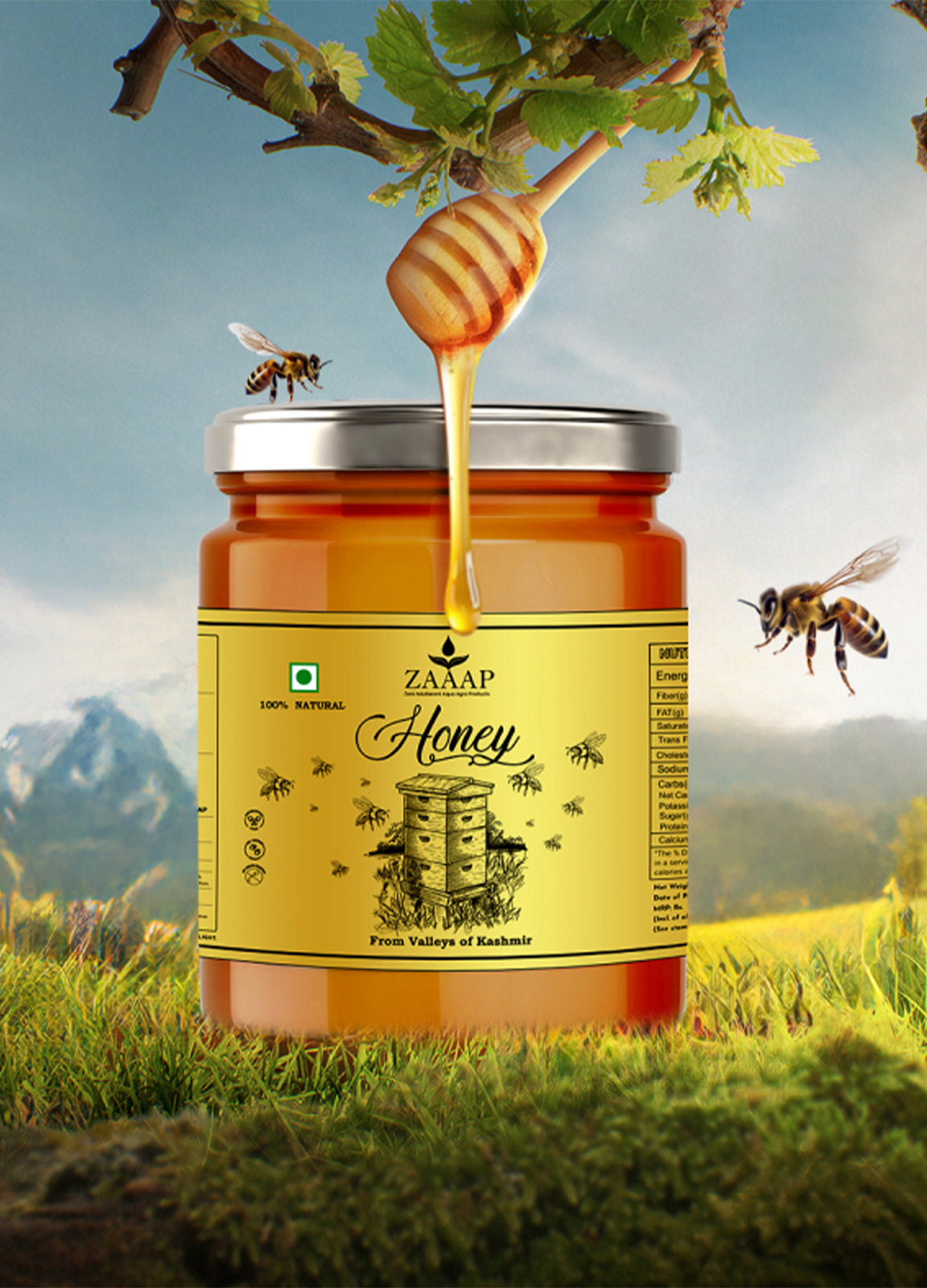 Glass jar of Zaaap natural honey with a wooden dipper dripping honey above it, surrounded by bees, with a scenic mountain background."