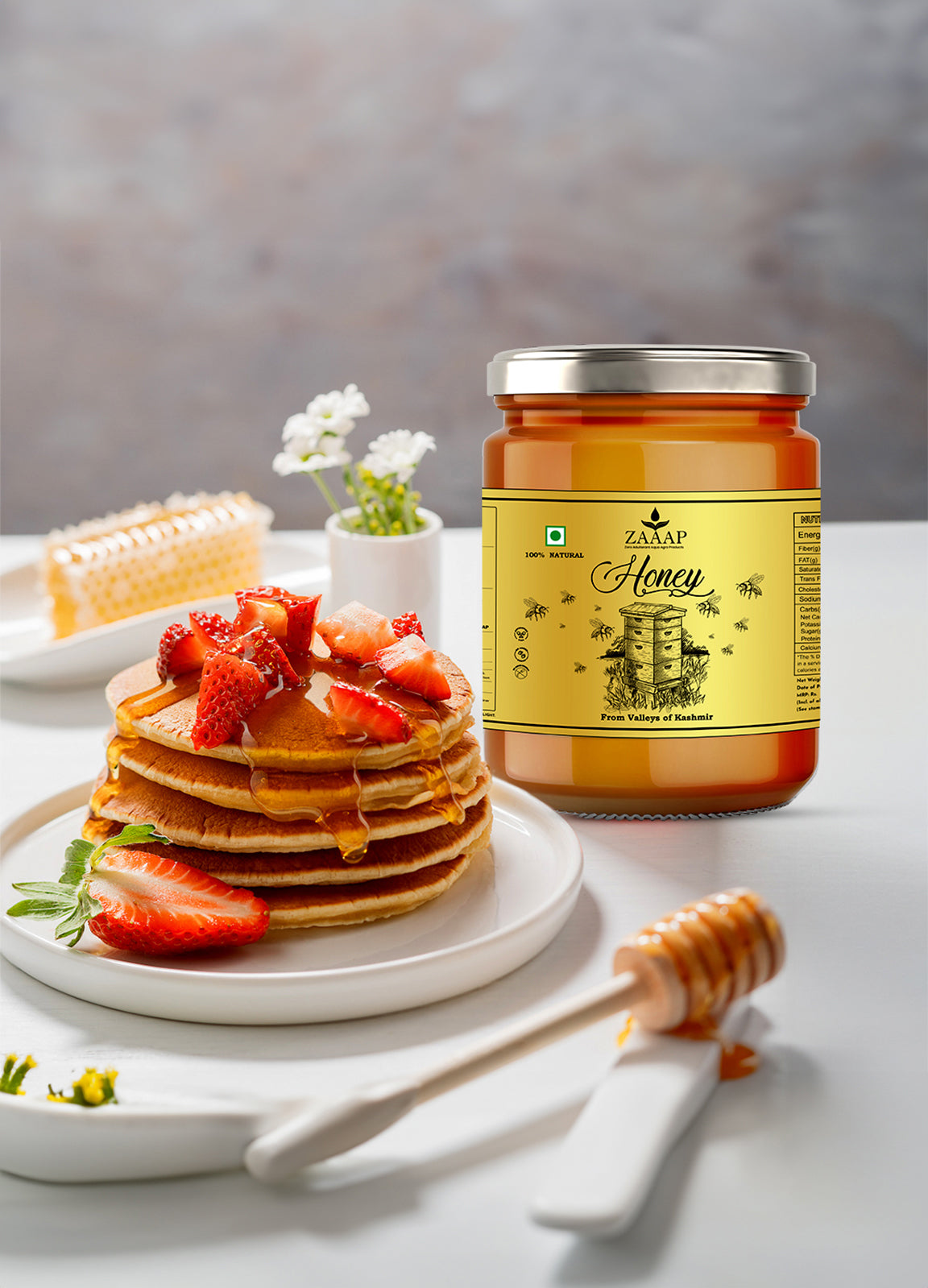 fresh strawberries and drizzled with pure organic honey AND PANCAKE  jar of raw natural honey